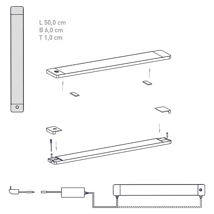 Müller-Licht Tint LED-Unterbauleuchte Tint Alba - 14 W, Weiß, L x B x H: 50 x 6 x 1 cm, Einstellbare Farbtemperatur - Skizze