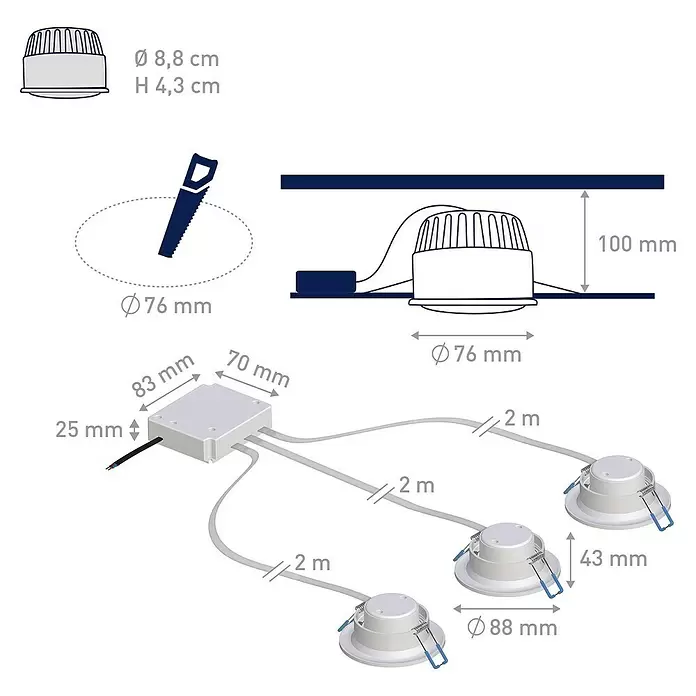 Müller-Licht Tint LED-Einbauleuchten-Set Tint RGBW - 19 W, Weiß, 3 Stk., RGBW - Skizze