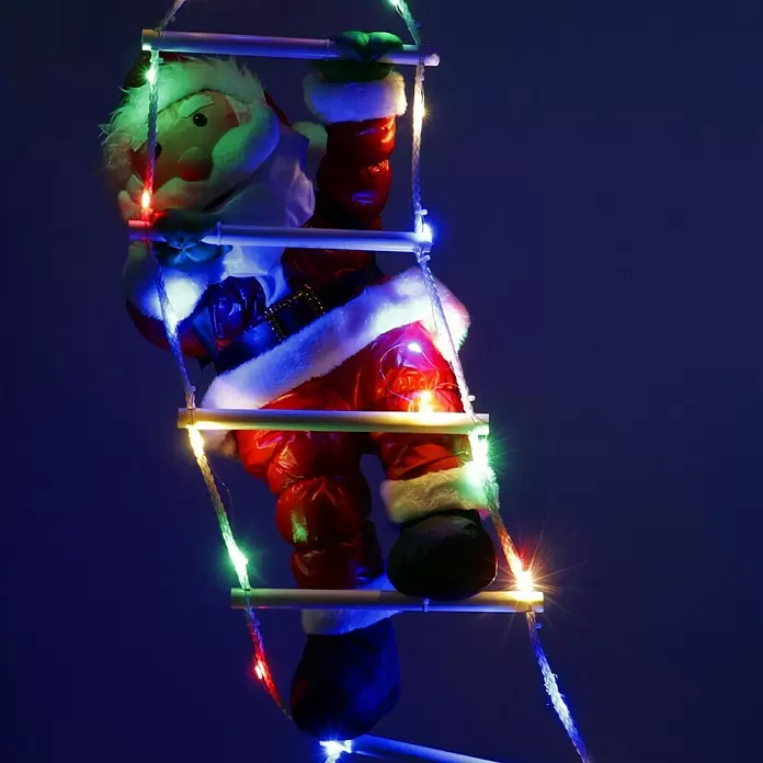 Papá Noel con escalera LED - Largo: 110 cm, Funciona con pilas, Poliéster - Foto ambiente