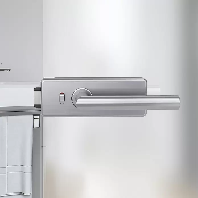 Diamond Doors Glastürbeschlag Style Premium WC - Edelstahloptik, Bandbohrung/Bänder: Office 3-teilig, WC-Schloss - Detailaufnahme