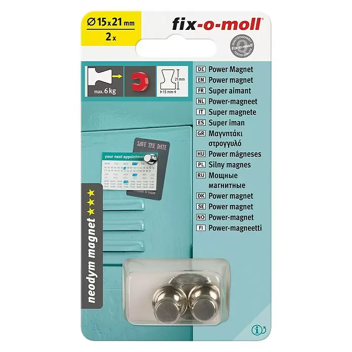Fix-o-moll Magneet 2 stuks - Rond, l x b x h: 15 x 15 x 21 mm - Vooraanzicht