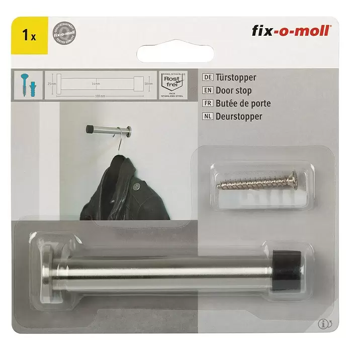 Fix-o-moll Deurstopper Gesatineerd RVS - Ø x h: 25 x 108 mm, Zilver/Zwart - Vooraanzicht