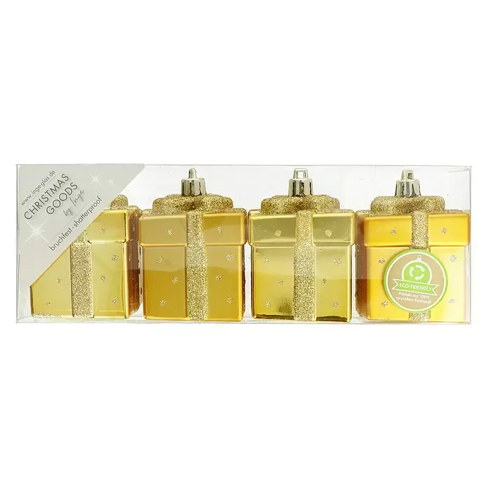 Christbaumschmuck Geschenkbox - Gold, Kunststoff, 4 Stk. - Vorderansicht