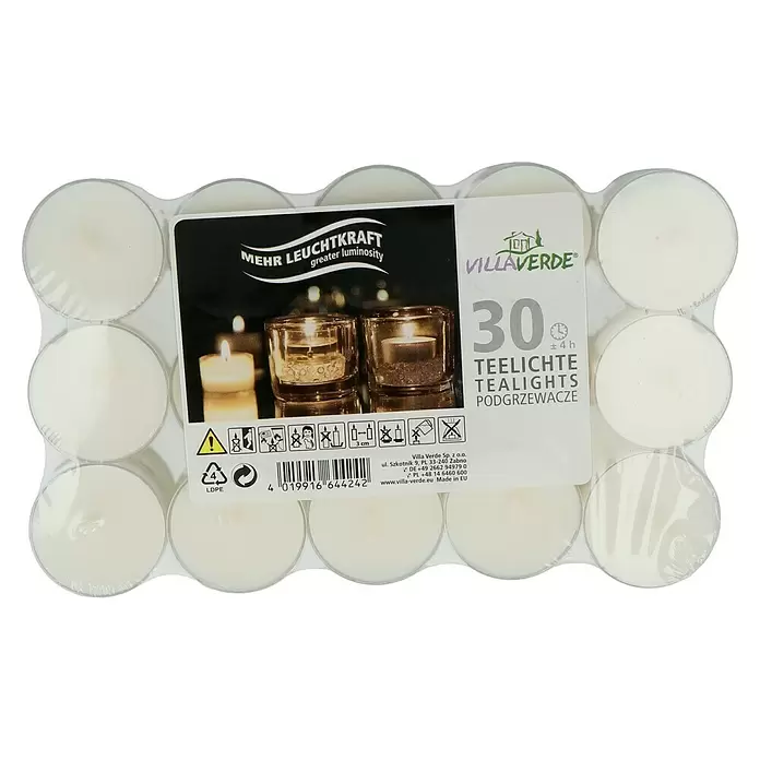 Velas de té pequeñas - 30 ud., Blanco - Vista superior
