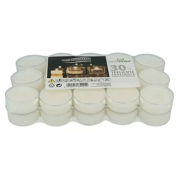 Velas de té pequeñas - 30 ud., Blanco - Vista frontal