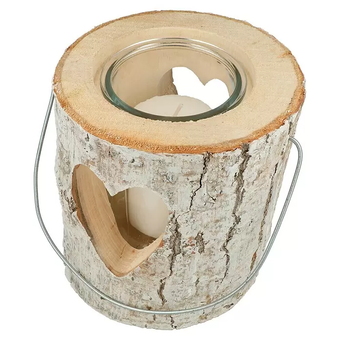 Windlicht Holz - Ø x H: 16 x 18 cm, Holz, Herz - Diagonale Ansicht