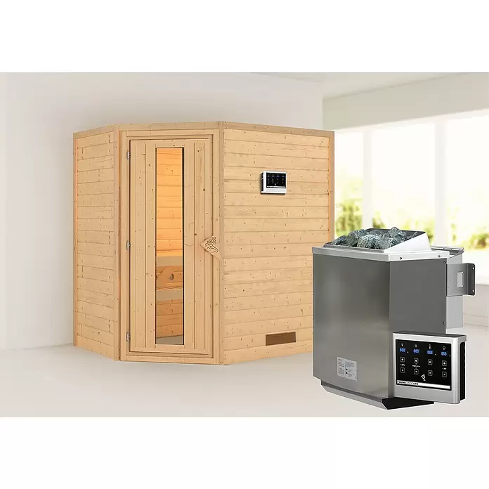 Karibu Massivholzsauna Svea - Mit 4,5 kW Bio-Ofen mit externer Steuerung, Ohne Dachkranz, Material Tür: Massivholz, 146 x 196 x 198 cm - Stimmungsaufnahme