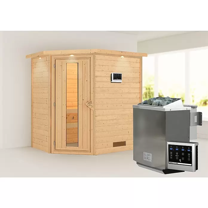 Karibu Massivholzsauna Svea - Mit 4,5 kW Bio-Ofen mit externer Steuerung, Mit Dachkranz und Beleuchtung, Material Tür: Massivholz, 160 x 224 x 202 cm - Stimmungsaufnahme