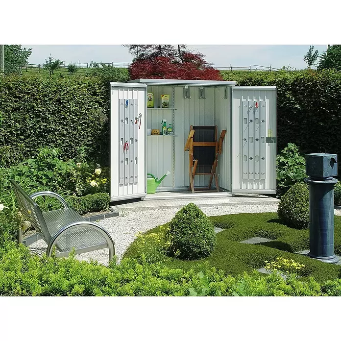 Biohort Armario de jardín - Ancho exterior incluido el voladizo del techo: 155 cm, Profundidad exterior incluido el voladizo del techo: 83 cm, Acero, Plateado metálico - Foto ambiente