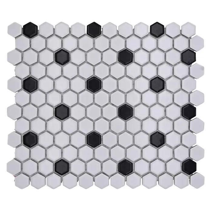 Mozaïektegel zeshoek Mix HX 040 - 26 x 30 cm, Wit/Zwart, Mat - Vooraanzicht