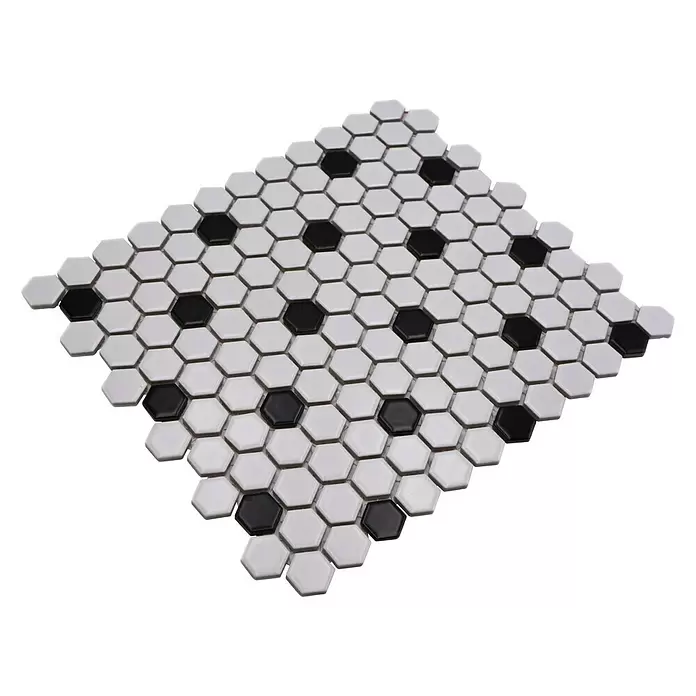 Mozaïektegel zeshoek Mix HX 040 - 26 x 30 cm, Wit/Zwart, Mat - Diagonaal zicht
