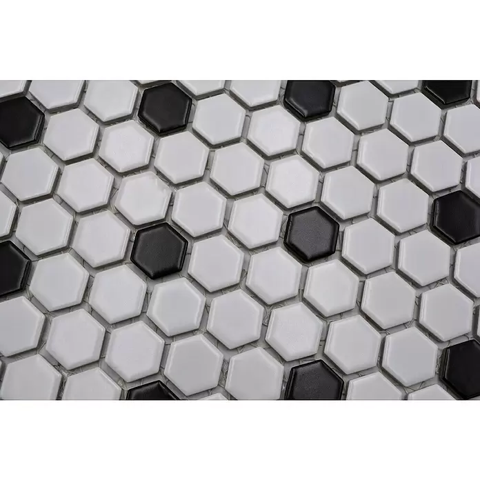 Mozaïektegel zeshoek Mix HX 040 - 26 x 30 cm, Wit/Zwart, Mat - Close-up