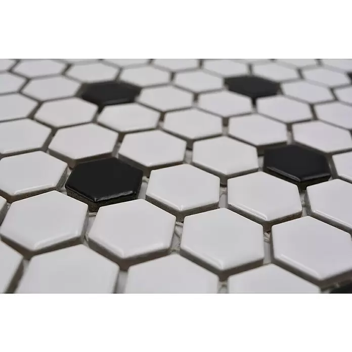 Mozaïektegel zeshoek Mix HX 040 - 26 x 30 cm, Wit/Zwart, Mat - Close-up