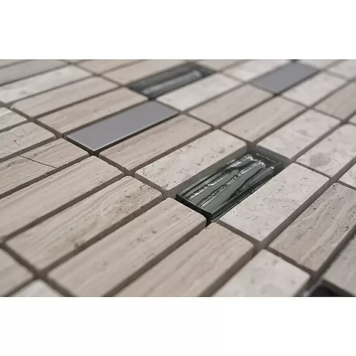 Mozaïektegel stroken glas Mix XNM SM67 - 29,8 x 30,4 cm, Grijs/Wit, Glanzend - Close-up
