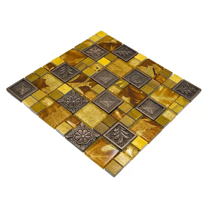 Mozaïektegel glas Mix XCM NIKO90 - 30 x 30 cm, Goud, Glanzend - Diagonaal zicht