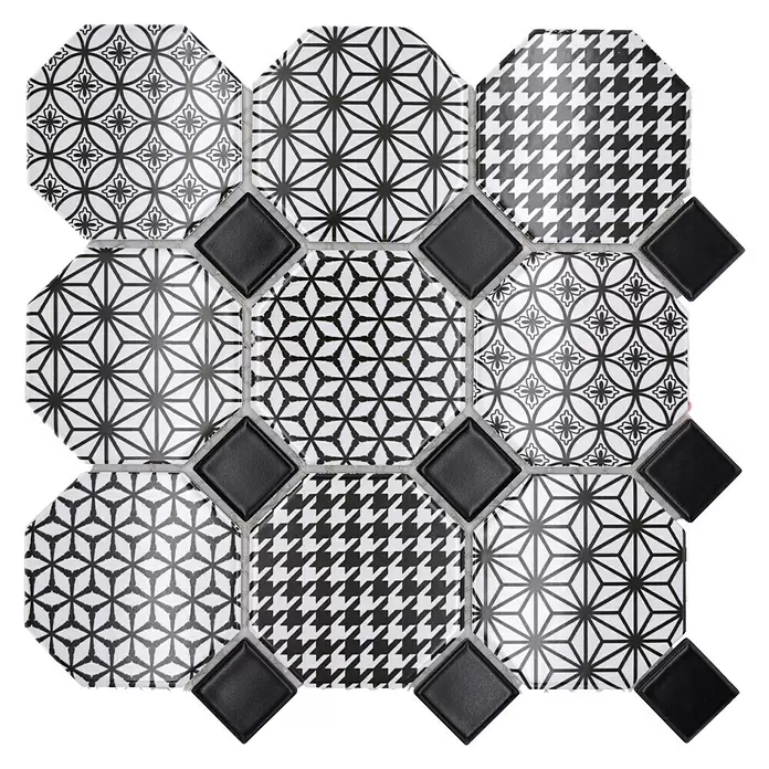 Mozaïektegel Octagon Octa Misto - 30 x 30 cm, Zwart/Wit, Glanzend - Vooraanzicht