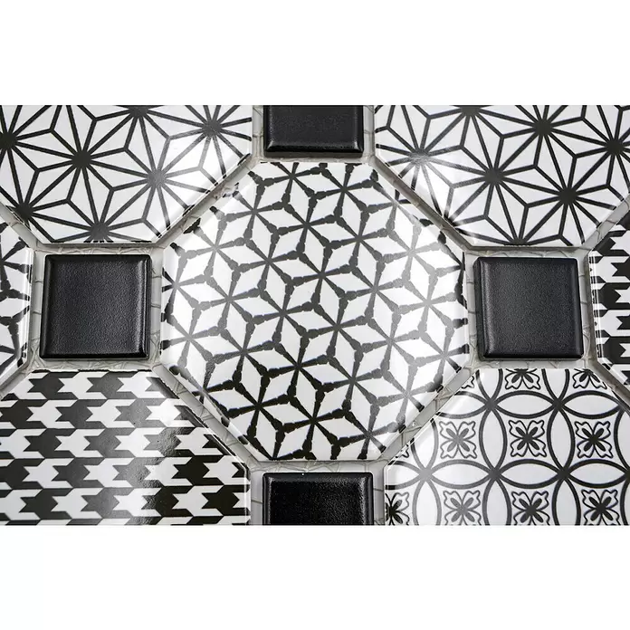 Mozaïektegel Octagon Octa Misto - 30 x 30 cm, Zwart/Wit, Glanzend - Close-up