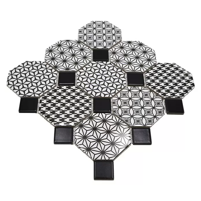 Mozaïektegel Octagon Octa Misto - 30 x 30 cm, Zwart/Wit, Glanzend - Diagonaal zicht