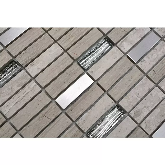 Mozaïektegel stroken glas Mix XNM SM67 - 29,8 x 30,4 cm, Grijs/Wit, Glanzend - Close-up