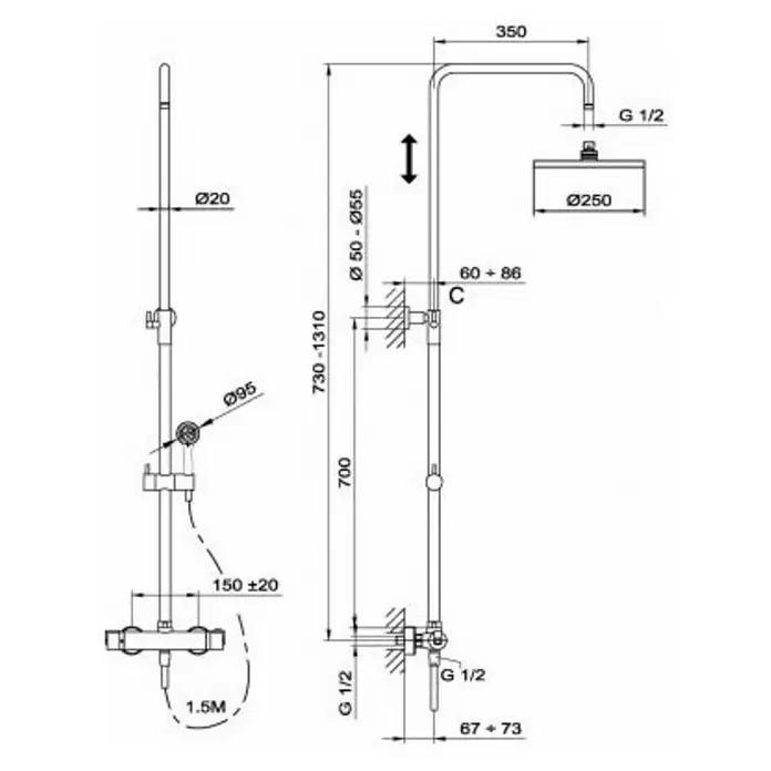 Teka Combinado de ducha Inca Pro - Número de funciones: 1 ud., Cromo - Dibujo técnico
