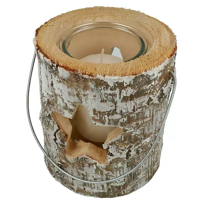 Windlicht Holz - Ø x H: 16 x 18 cm, Holz, White Washed - Diagonale Ansicht