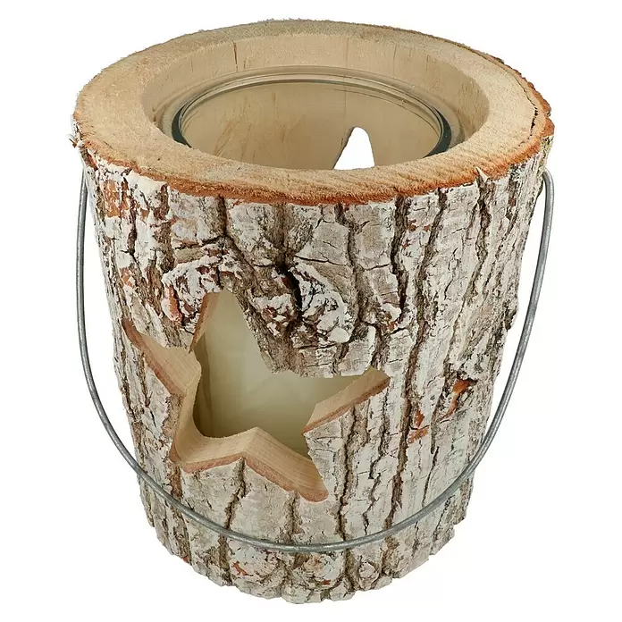 Windlicht Holz - Ø x H: 21 x 26 cm, Holz, Stern - Diagonale Ansicht
