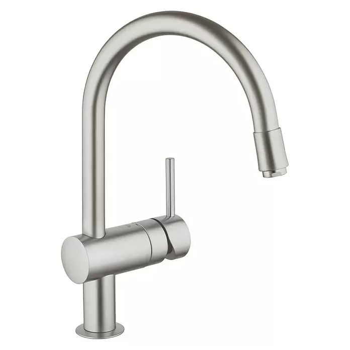 Grohe Spültischarmatur Minta - C-Auslauf, Supersteel, Matt, Auslauf herausziehbar - Diagonale Ansicht
