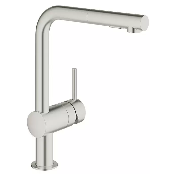 Grohe Spültischarmatur Minta - L-Auslauf, Supersteel, Matt, Auslauf herausziehbar - Diagonale Ansicht