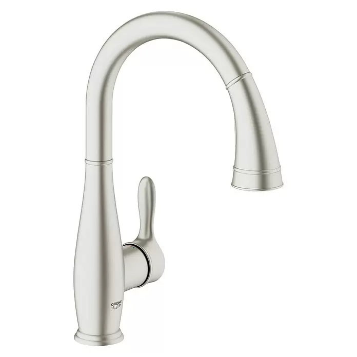 Grohe Spültischarmatur Parkfield - Supersteel, Matt, Auslauf herausziehbar - Diagonale Ansicht