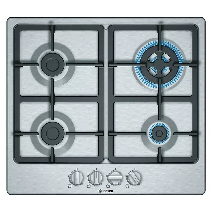 Bosch Placa de cocción de gas PGH6B5B90 - Zonas de cocción: 4 ud., Gas natural, Cierre de seguridad, Acero inoxidable - Vista superior
