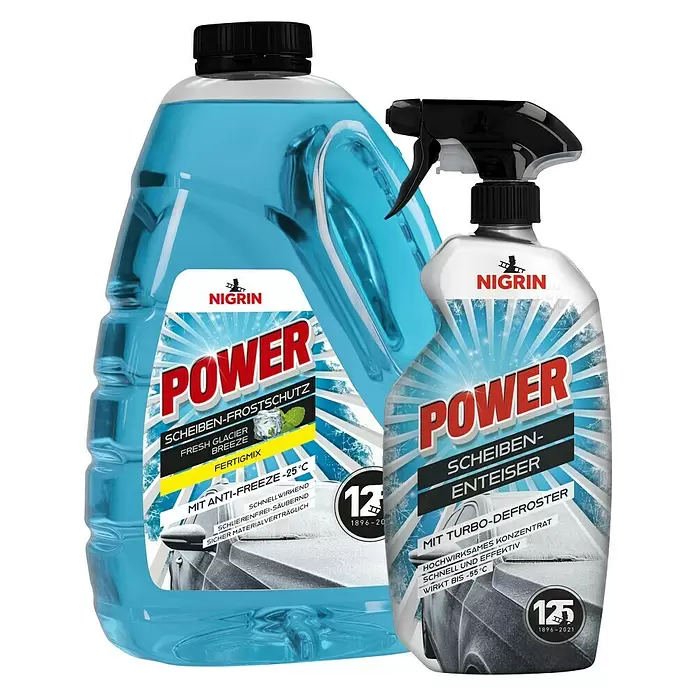 Nigrin Scheibenfrostschutz-Mittel Power mit Enteiserspray - Inhalt: 2 -tlg., Max. Frostbeständigkeit: -25 °C - Vorderansicht