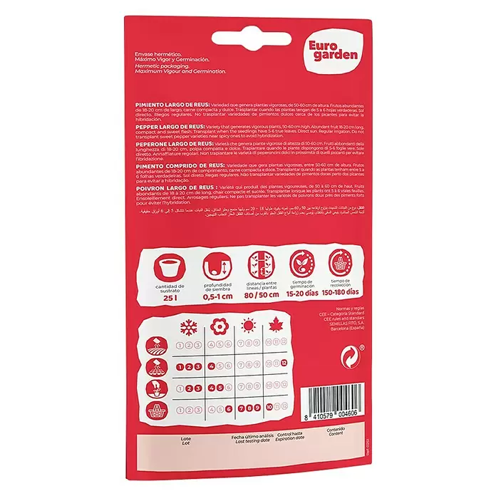 Euro Garden Semillas de vegetales Pimiento Largo de Reus - Cosecha: Junio - Vista trasera