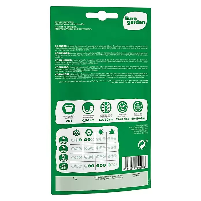 Euro Garden Semillas de hierbas Cilantro - Tiempo de siembra: Marzo, Cosecha: Mayo - Vista trasera