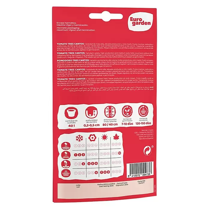 Euro Garden Semillas de vegetales Tomates Tres Cantos - Cosecha: Mayo - Vista trasera