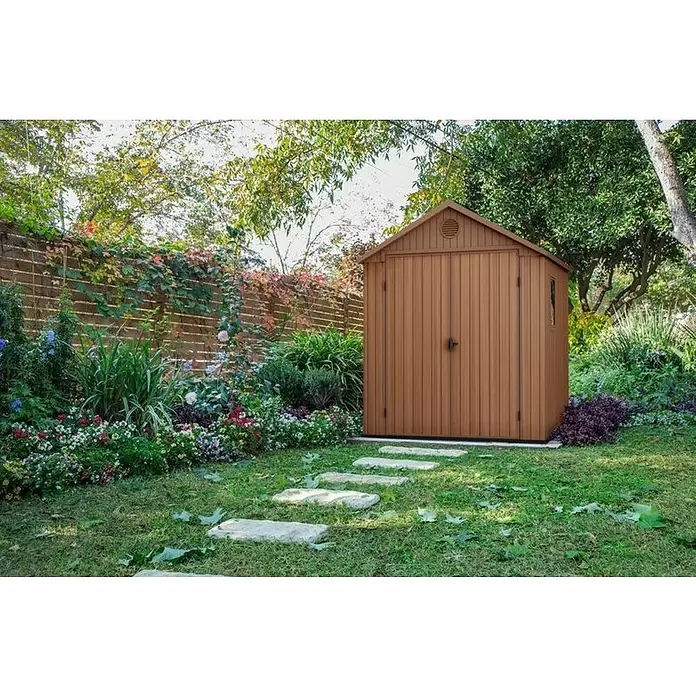 Keter Caseta para jardín Darwin 6x6 - Profundidad exterior incluido el voladizo del techo: 182 cm, Ancho exterior incluido el voladizo del techo: 199 cm, Espesor de pared: 16 mm, Marrón - Foto ambiente