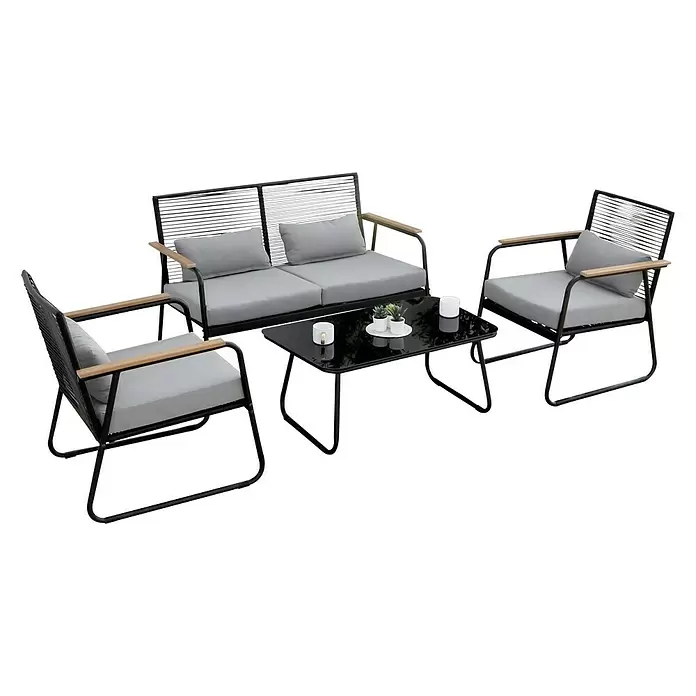 Acamp Loungemöbel-Set Paxos - 4 -tlg., Stahl/Polywood/Polyrattan/Polyester/Glas, Schwarz/Teak-färbig/Grau - Diagonale Ansicht