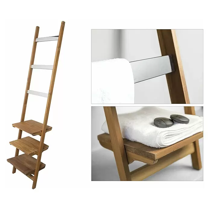 Cipì Toallero para baño de escalera Bibo Tech - 3 estantes, Teca - Producto en uso