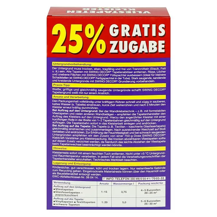 Swing Decor Vliestapeten-Kleister 25 % gratis - 250 g - Rückansicht