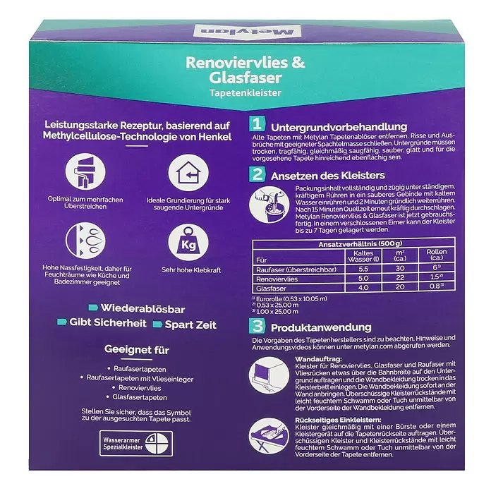 Metylan Tapetenkleister Renoviervlies & Glasfaser - 500 g - Rückansicht