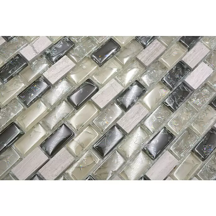 Mozaïektegel brick glas Mix XIC B1152 - 30 x 28,5 cm, Grijs/Groen, Glanzend - Close-up
