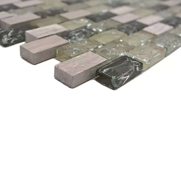 Mozaïektegel brick glas Mix XIC B1152 - 30 x 28,5 cm, Grijs/Groen, Glanzend - Close-up