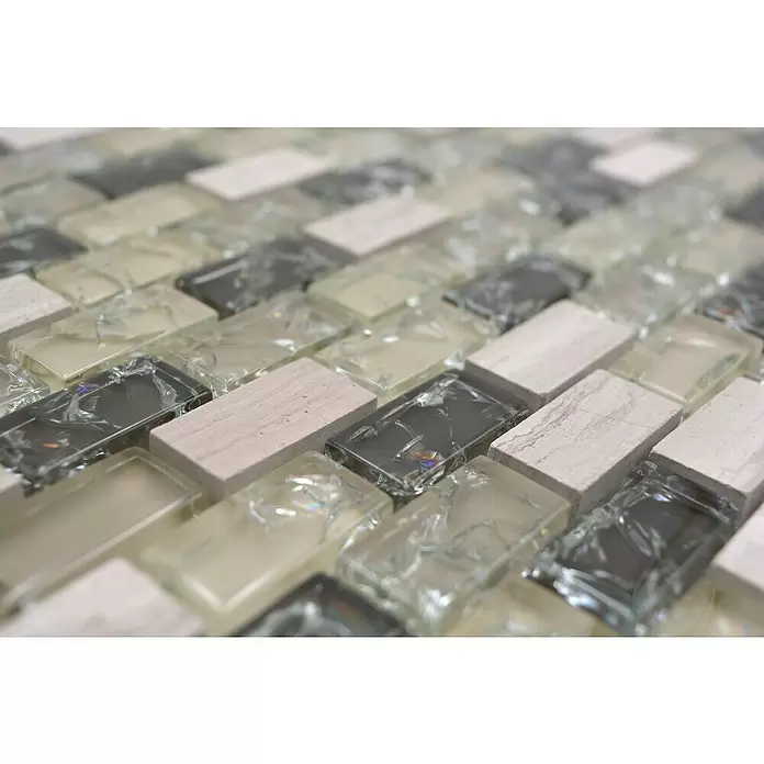 Mozaïektegel brick glas Mix XIC B1152 - 30 x 28,5 cm, Grijs/Groen, Glanzend - Close-up