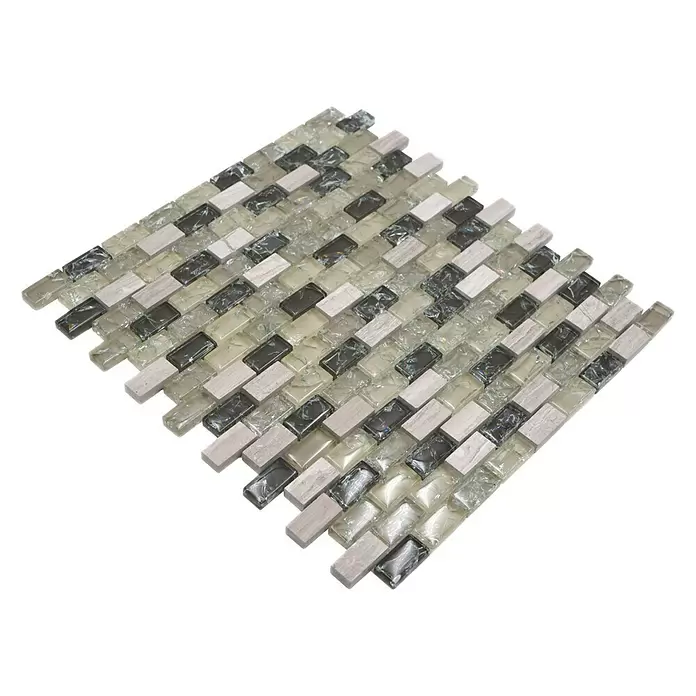 Mozaïektegel brick glas Mix XIC B1152 - 30 x 28,5 cm, Grijs/Groen, Glanzend - Diagonaal zicht