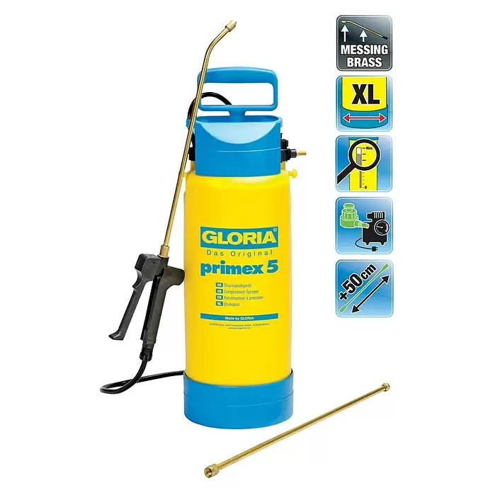 Gloria Drucksprühgerät Primex 5 mit Messing Verlängerungsrohr - 5 l - Vorderansicht