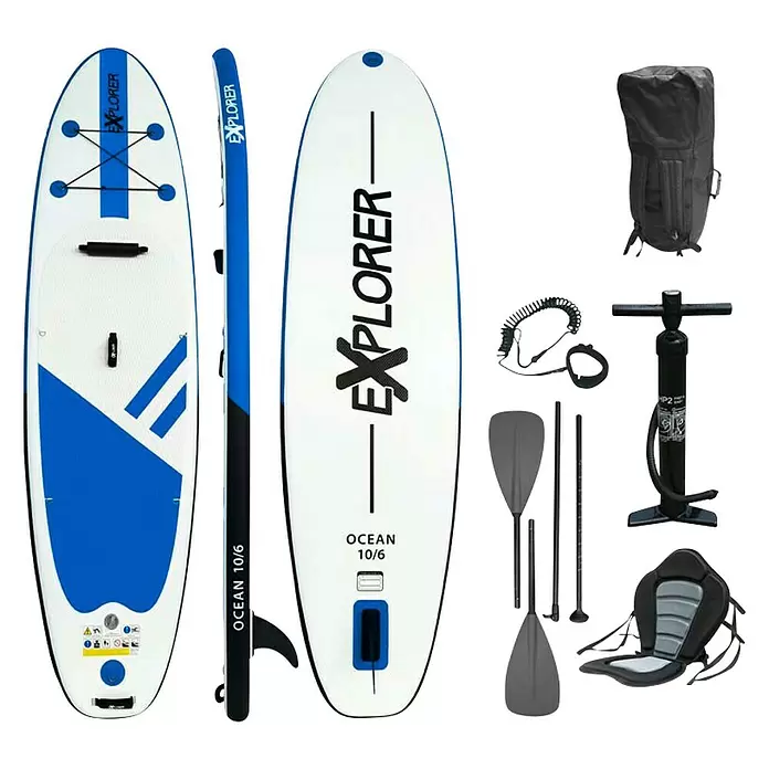 Explorer SUP-Board-Set Ocean 10.6 - L x B x H: 320 x 84 x 12,7 cm, Nutzlast: 130 kg, Aufblasbar, Blau/Weiß - Vorderansicht