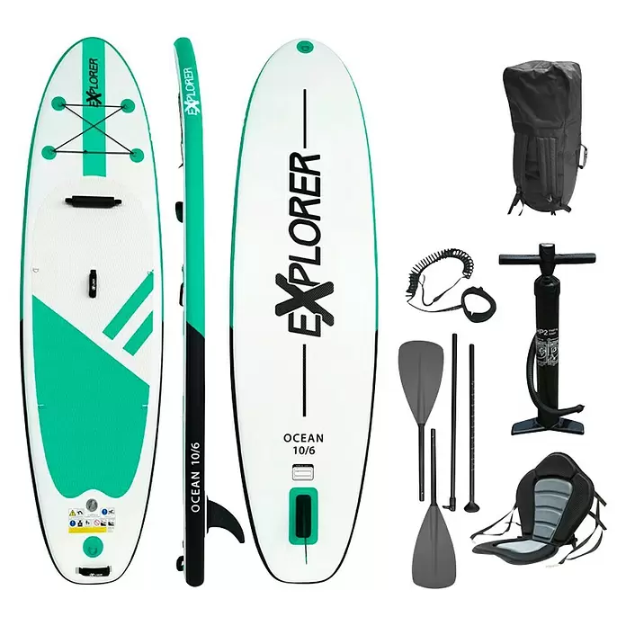 Explorer SUP-Board-Set Ocean 10.6 - L x B x H: 320 x 84 x 12,7 cm, Nutzlast: 130 kg, Aufblasbar, Grün/Weiß - Vorderansicht