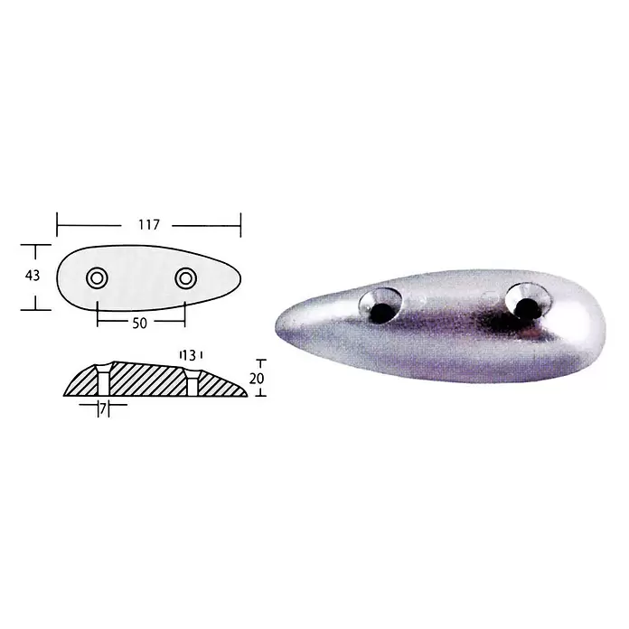 Ánodo de sacrificio tipo pez - 470 g, Zinc - Vista descendente