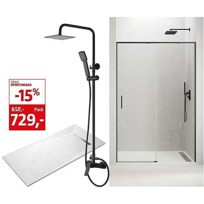 Set mampara de ducha Twenty Black + plato Adriatic + combinado Art Black - 3 pzs. - Foto ambiente