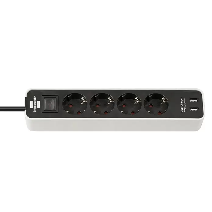 Brennenstuhl Steckdosenleiste Ecolor - 4-fach, Schwarz/Weiß, Kabellänge: 1,5 m, 3.500 W, 2 USB-Anschlüsse - Detailaufnahme
