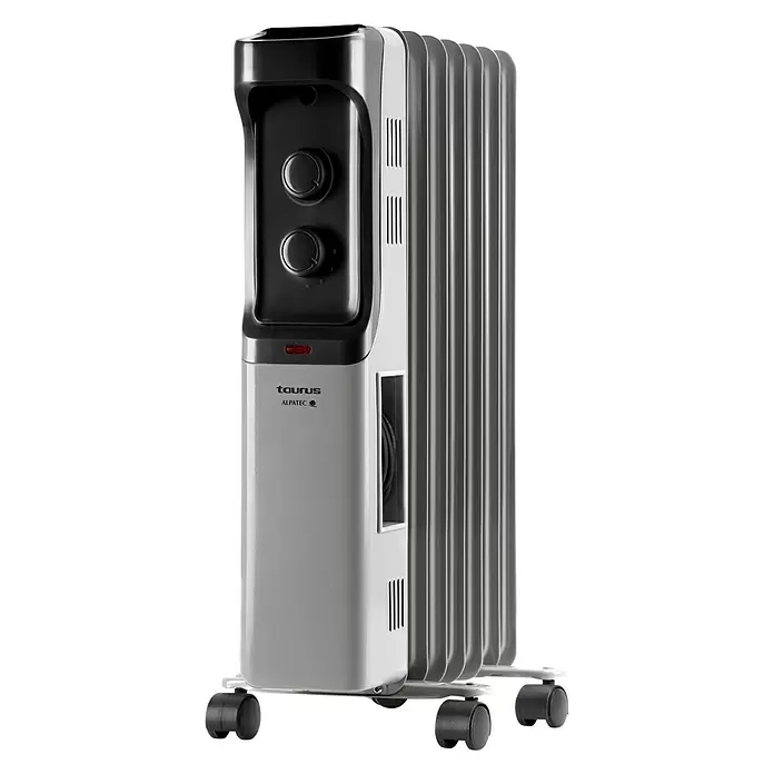 Taurus Radiador de aceite Dakar - 1.500 W, Plateado/Negro, 23,5 x 32,5 x 58,5 cm - Vista angular